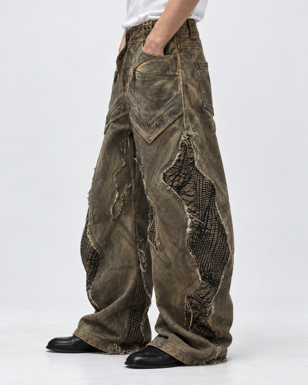 Mud-Dyed Mesh Patch Wide Pants