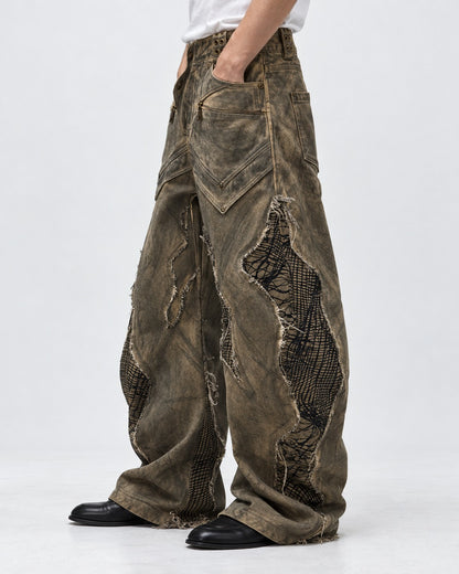 Mud-Dyed Mesh Patch Wide Pants