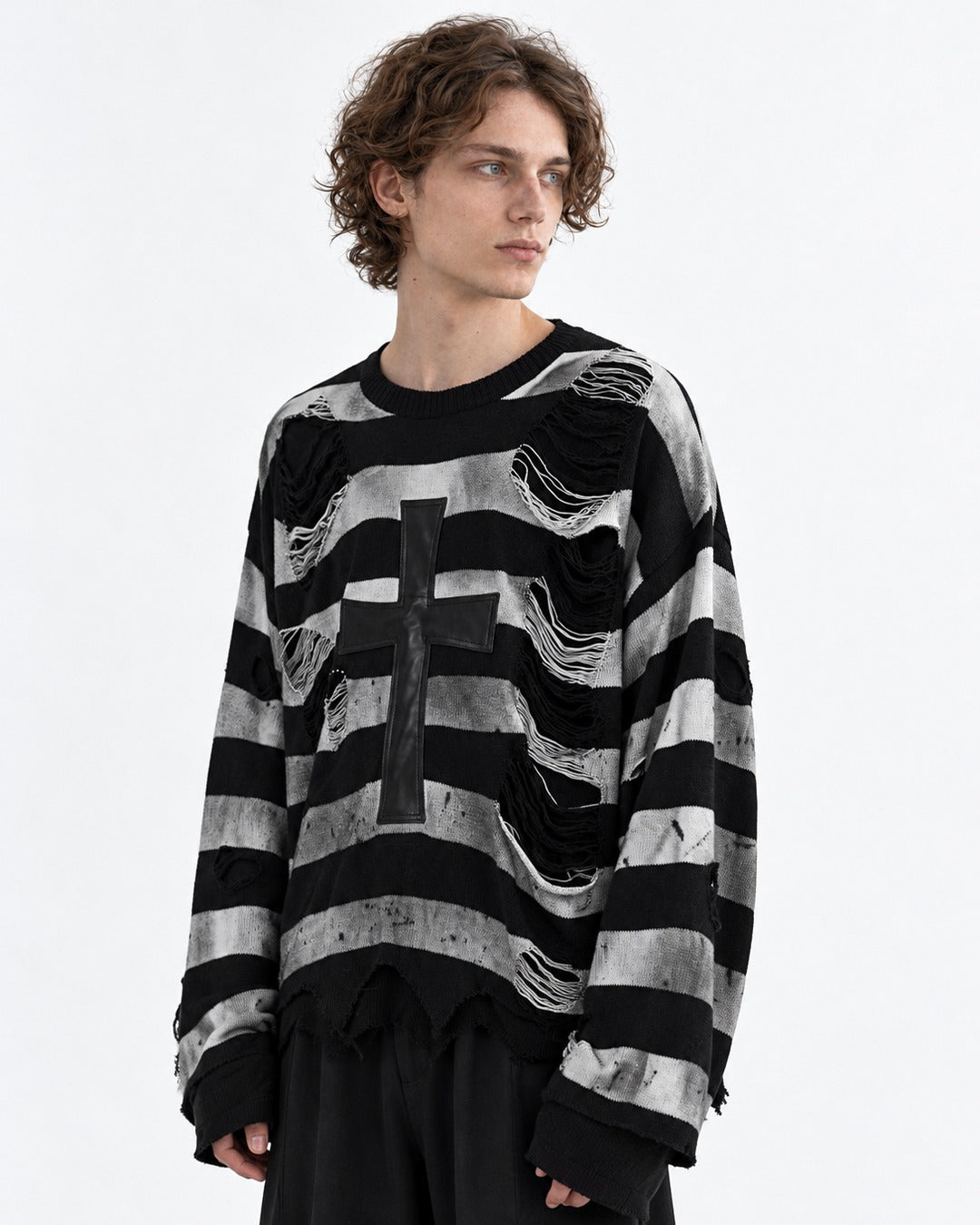 Cross Patch Distressed Stripe Sweater