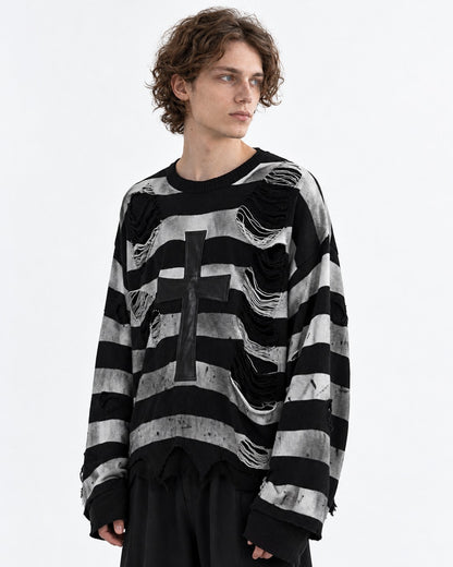 Cross Patch Distressed Stripe Sweater