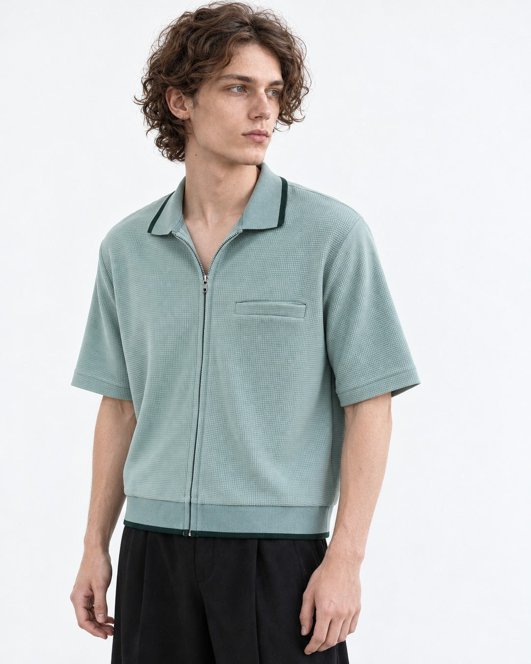 Waffle Knit Zip-Up Short Sleeve Shirt with Contrast Trim