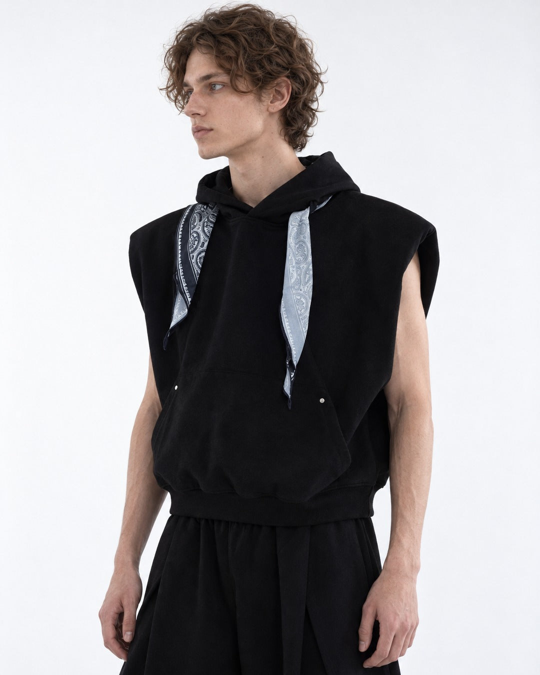 Bandana Hood Sleeveless Vest and Wide Shorts Set-Up