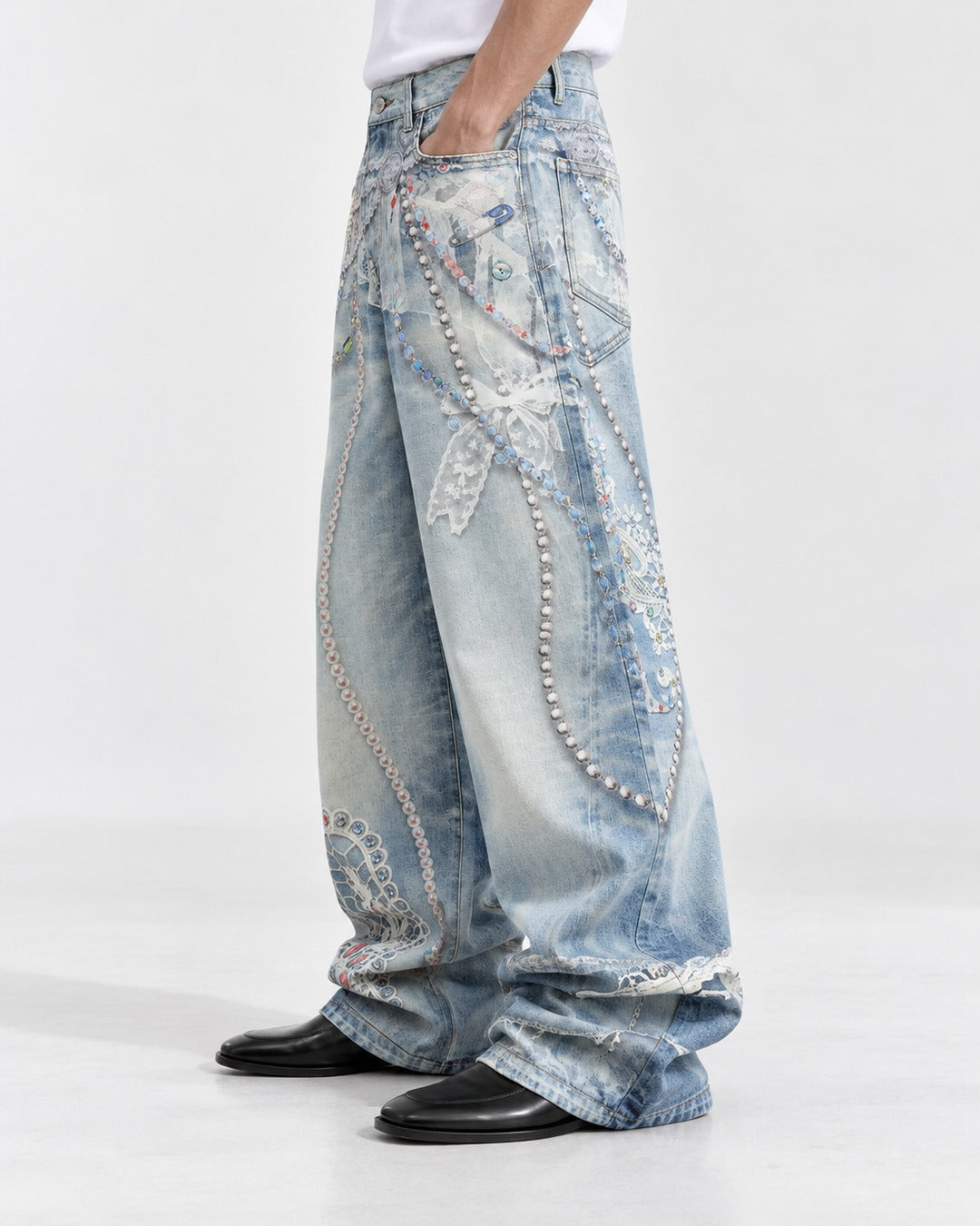 Pearl Chain Lace Print Baggy Jeans