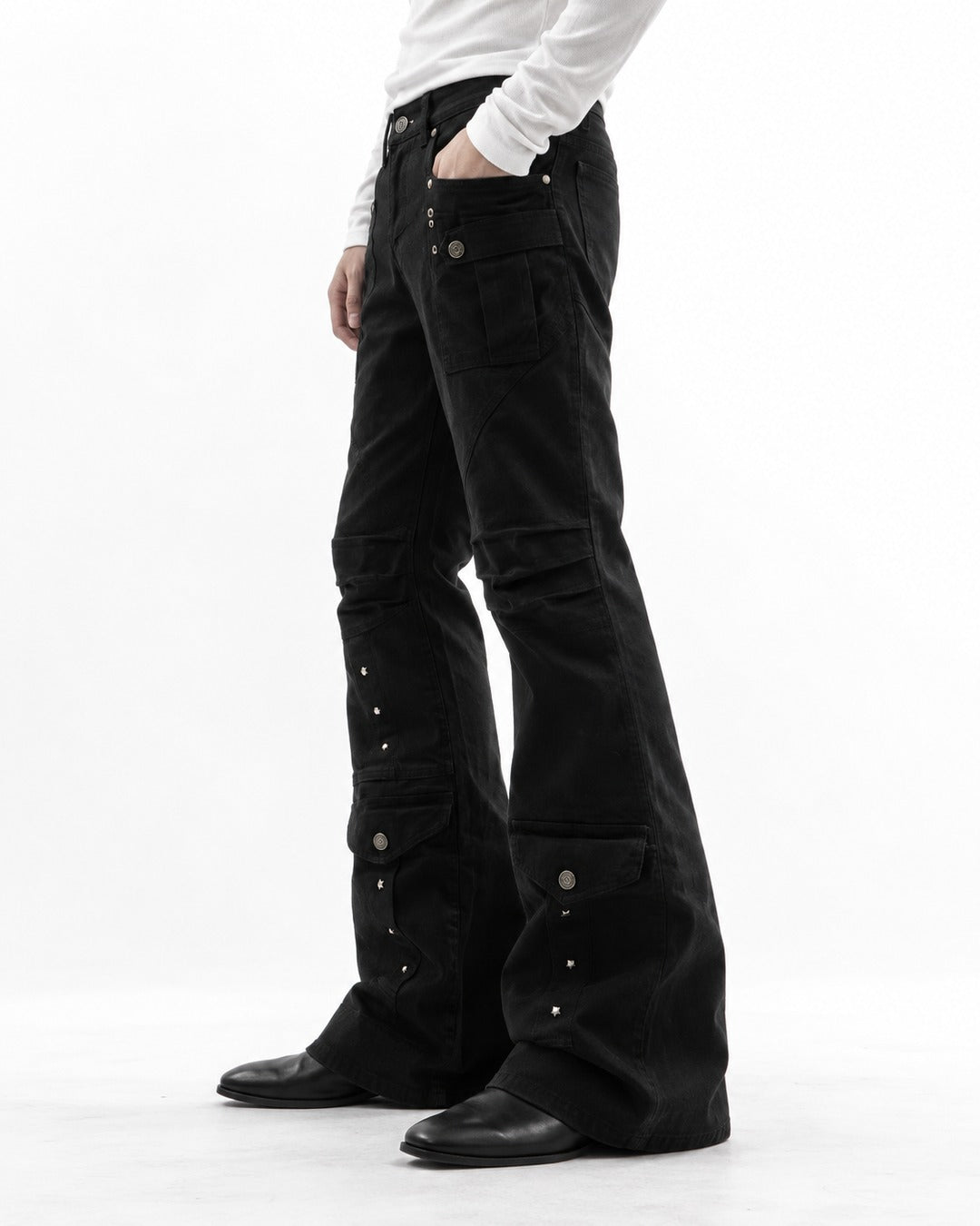 Studded Flap Pocket Flared Pants