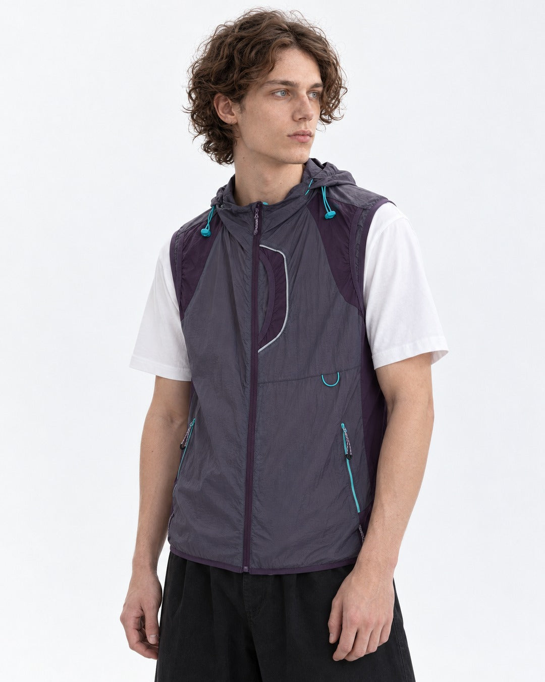 Teal Drawcord Colorblock Hooded Vest