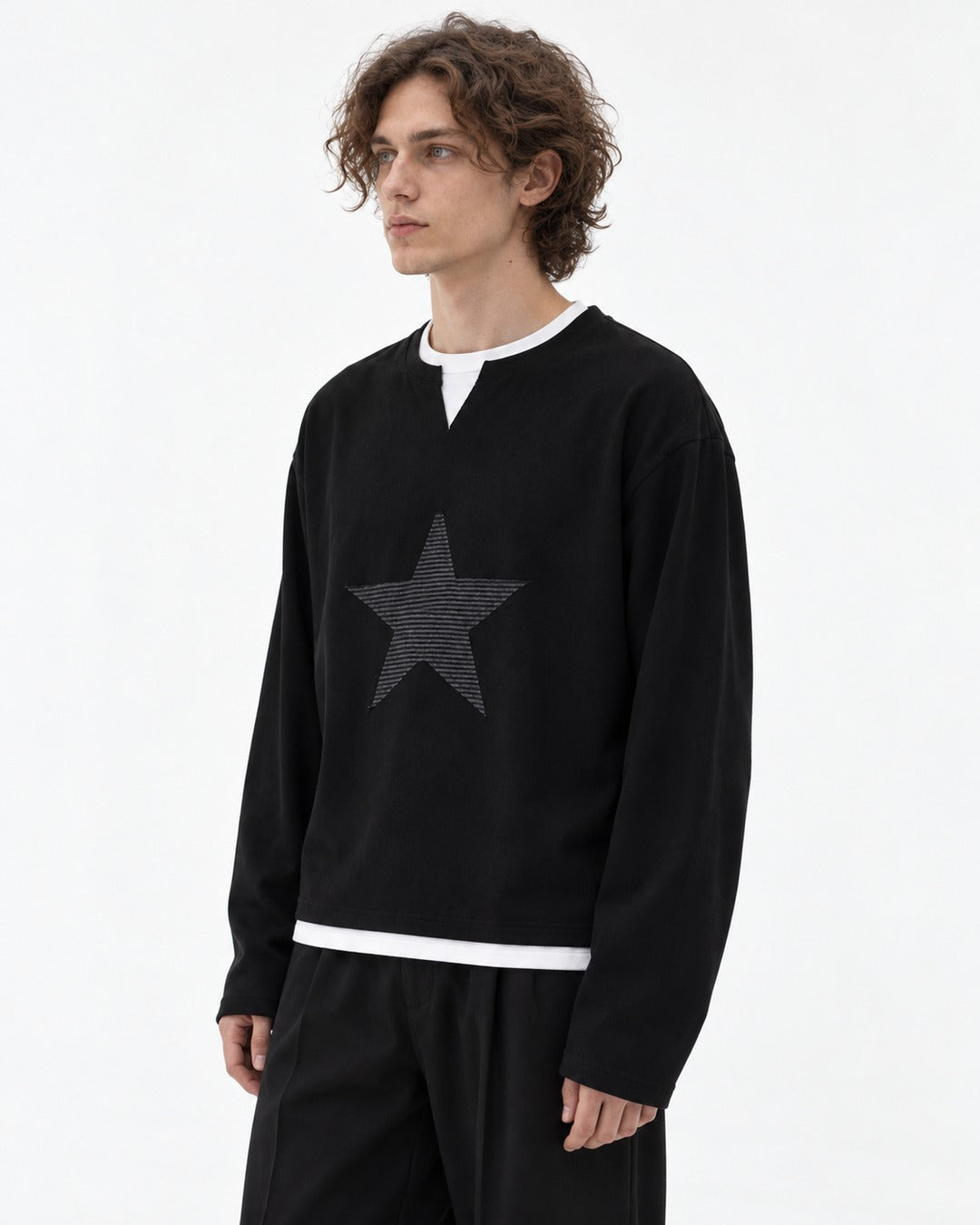 Star Patch Layered Notch Neck Sweatshirt