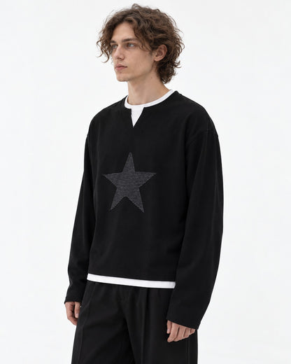 Star Patch Layered Notch Neck Sweatshirt