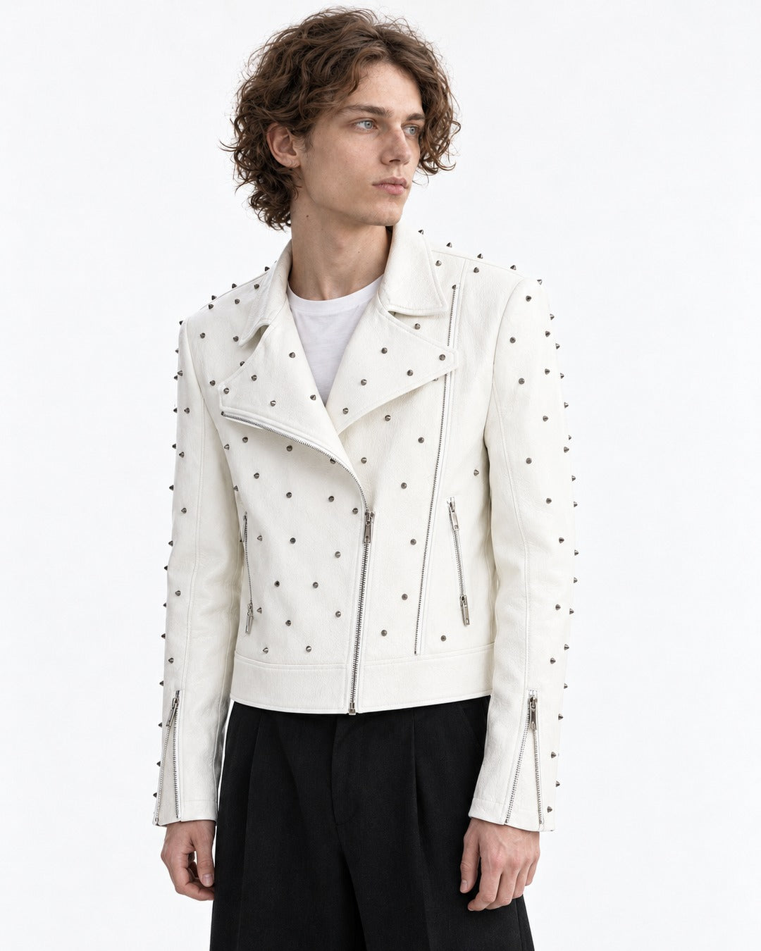 White Metal Rivet Biker Jacket