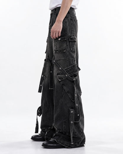 Strap Detail Frayed Hem Jeans