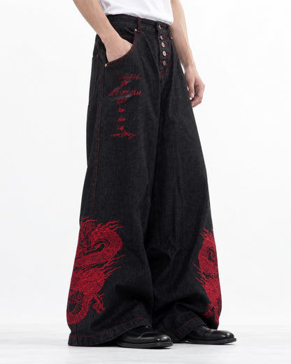 Red Dragon Embroidered Denim Pants