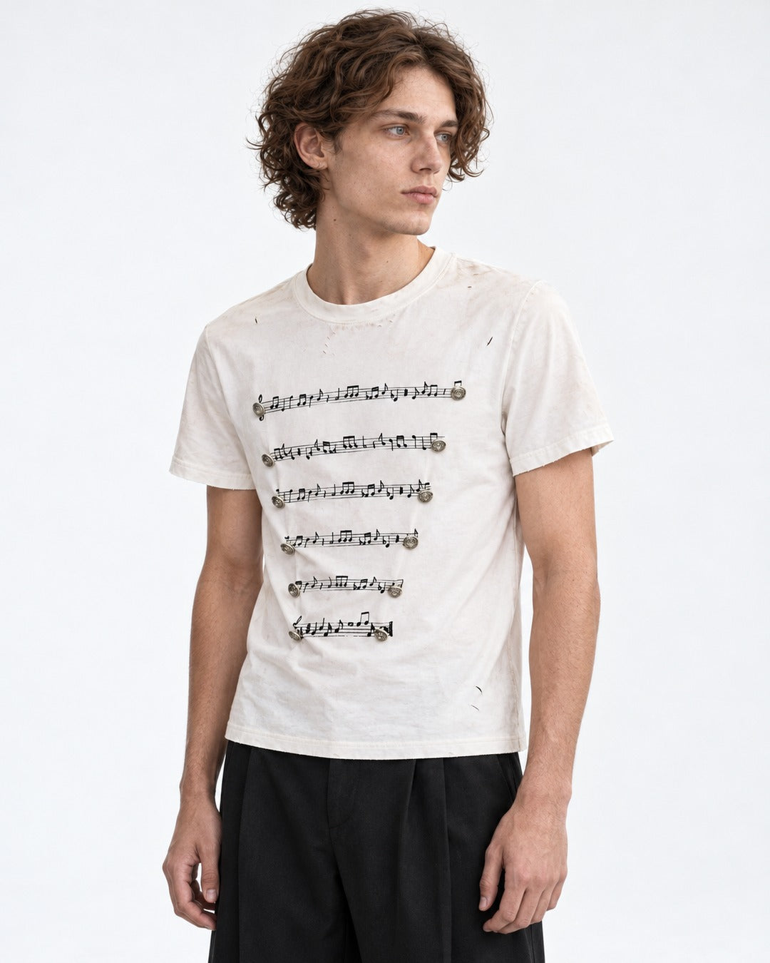Musical Staff Print Distressed Tee with Metal Buttons