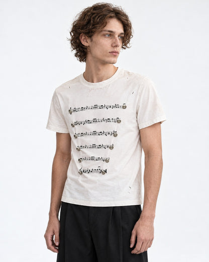 Musical Staff Print Distressed Tee with Metal Buttons