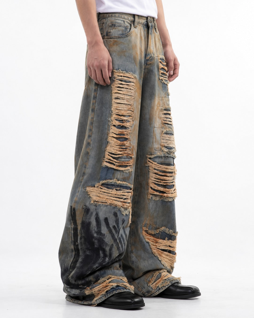 Heavily Distressed Wide-Leg Denim Pants