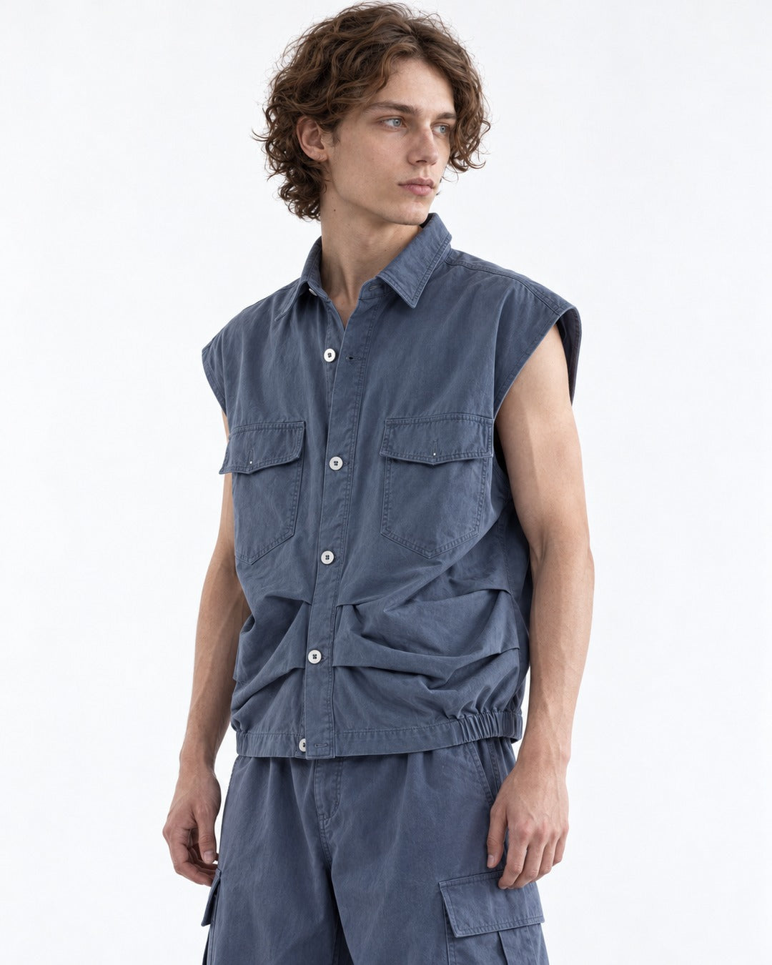 Sleeveless Pocket Shirt and Pleated Cargo Pants Set