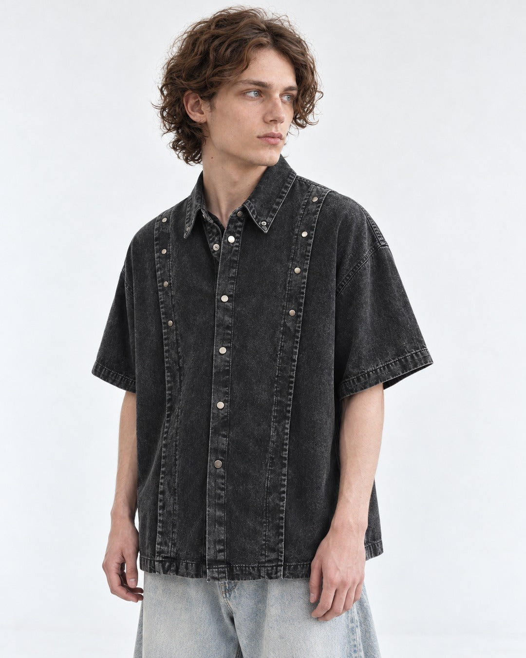 Studded-Collar Denim Shirt