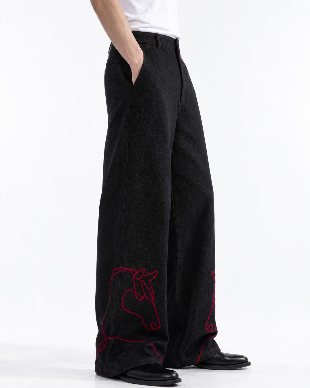 Red Horse Embroidered Wide-Leg Jeans