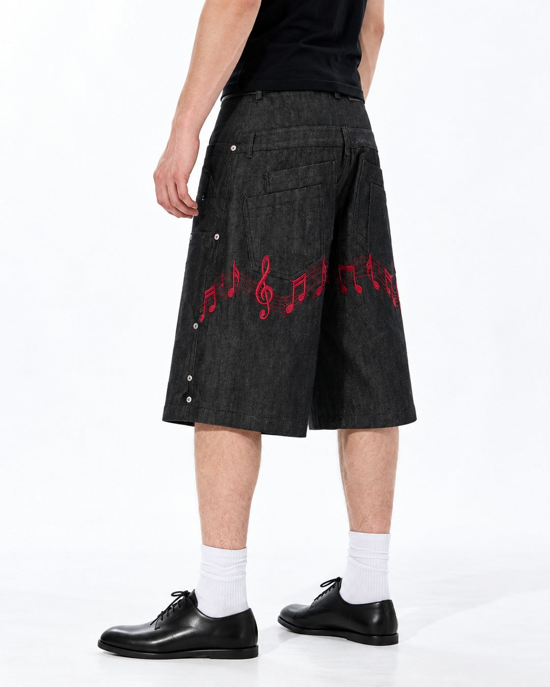 Music Note Embroidered Studded Denim Shorts