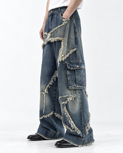 Star Patch Frayed Cargo Wide-Leg Jeans