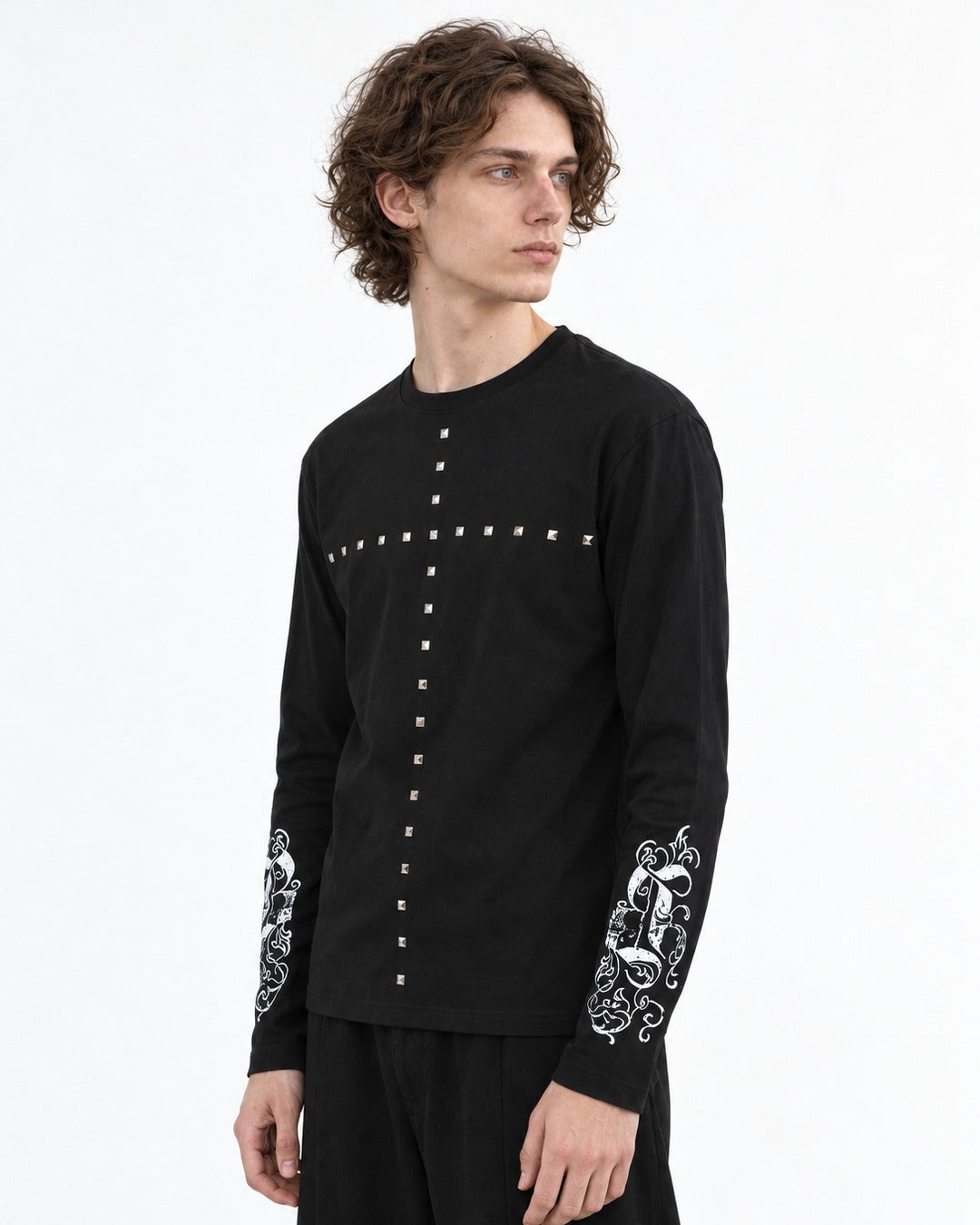 Studded Cross Print Sleeve Long Sleeve Tee