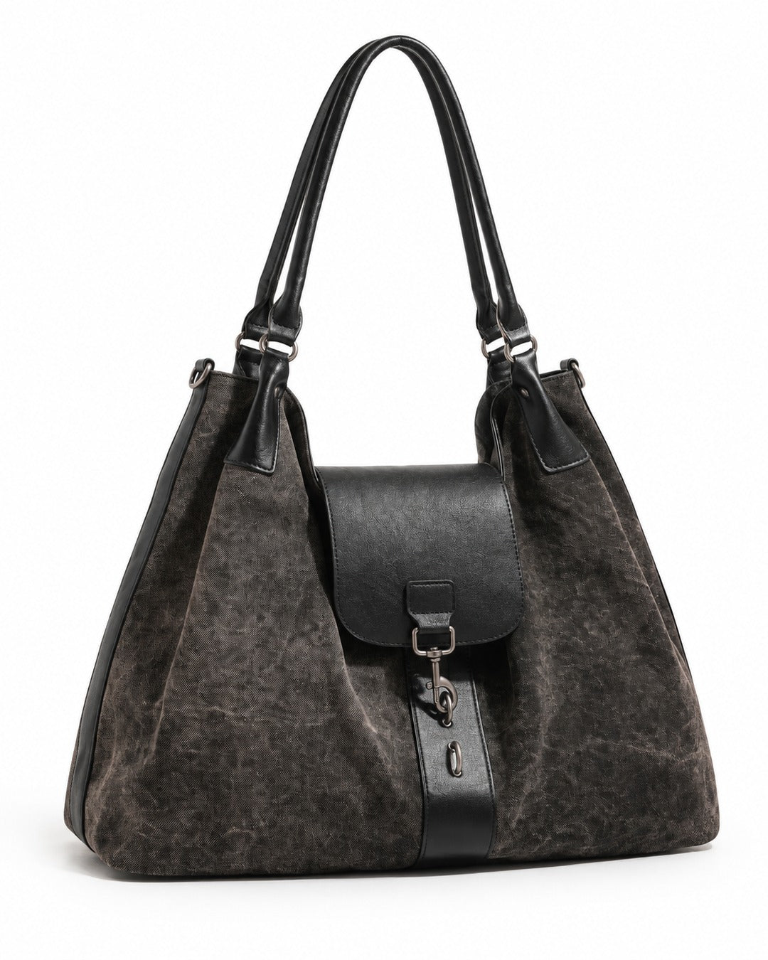 Distressed Canvas Hobo Bag with Black Flap