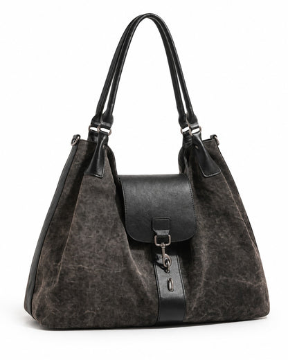 Distressed Canvas Hobo Bag with Black Flap