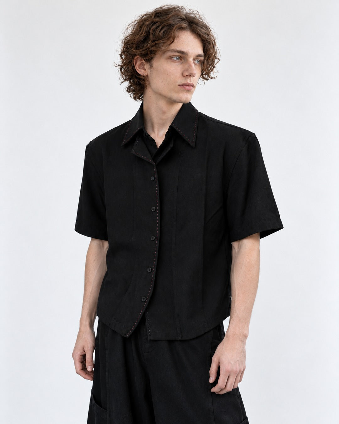 Double Collar Hand-Stitched Short-Sleeve Shirt