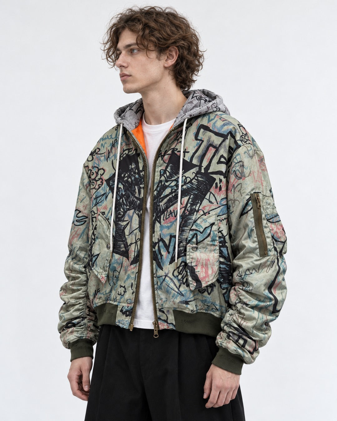 Graffiti Print Hooded Bomber Jacket