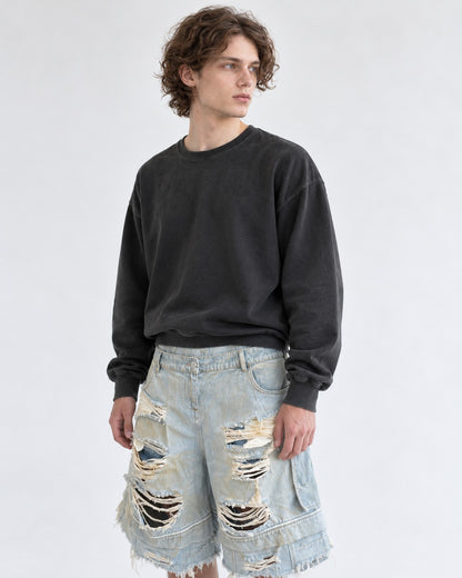 Double-Waist Shredded Denim Shorts
