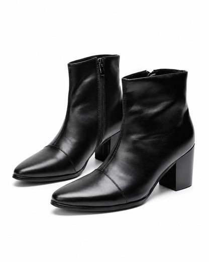 Pointed-Toe Block-Heel Zip Ankle Boots