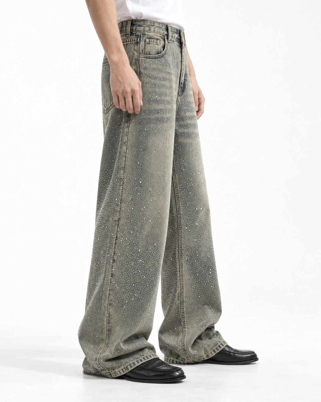 Rhinestone Faded Wide-Leg Jeans