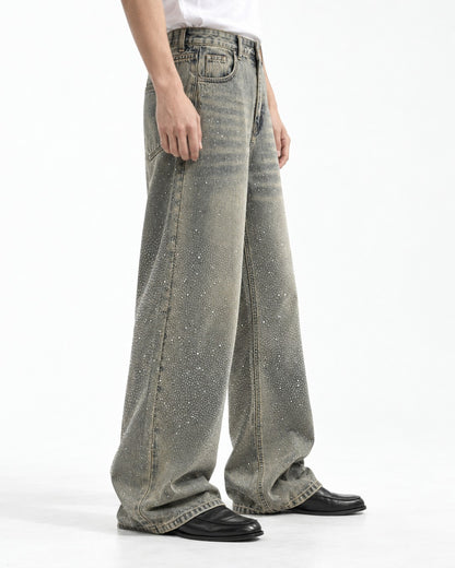 Rhinestone Faded Wide-Leg Jeans
