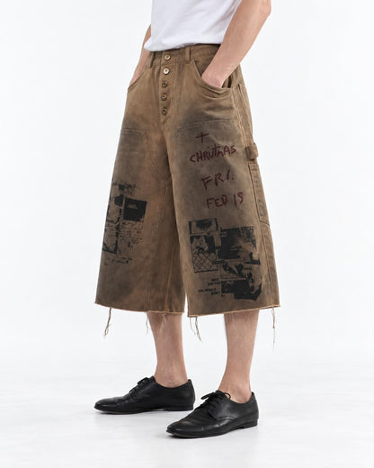 Distressed Graffiti Denim Shorts