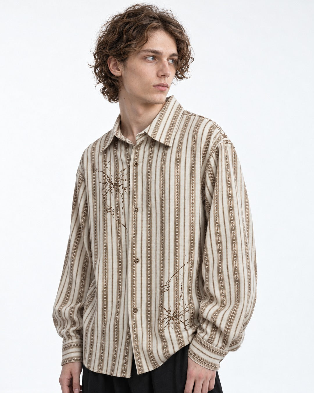 Embroidered Striped Button-Up Shirt