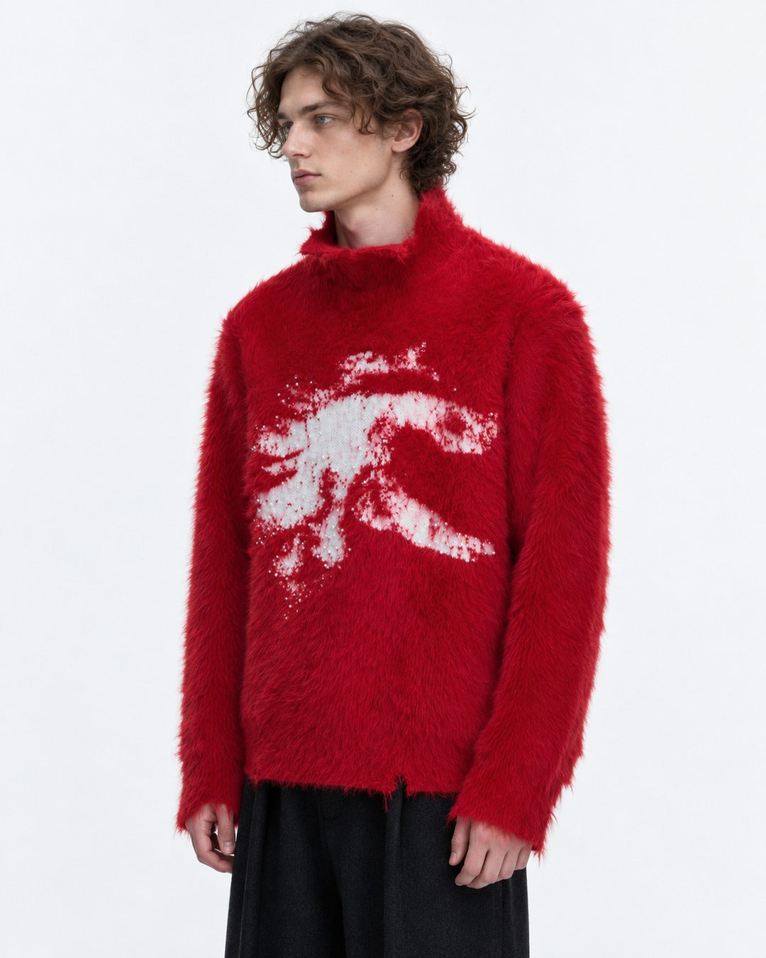 Brushed Horse-Intarsia Mock-Neck Sweater