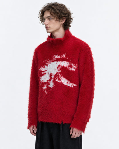 Brushed Horse-Intarsia Mock-Neck Sweater