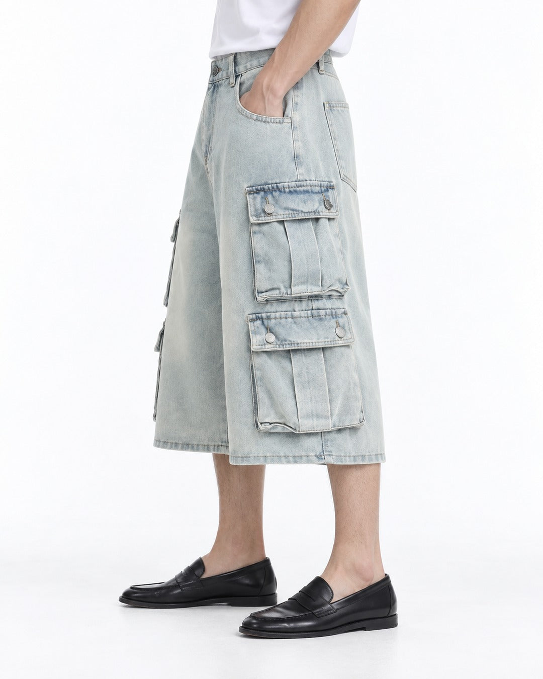 Washed Denim Double Flap Cargo Shorts