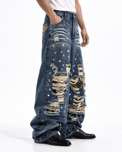 Leopard Patchwork Ripped Jeans