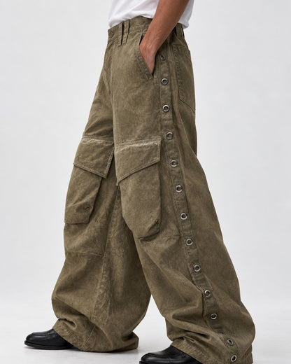 Eyelet Side Washed Wide-Leg Cargo Pants