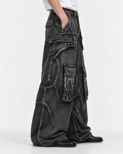 Eyelet Pocket Washed Black Cargo Jeans