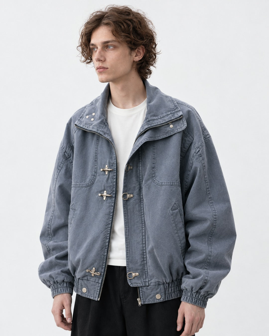 Clasp Stand-Collar Washed Work Jacket