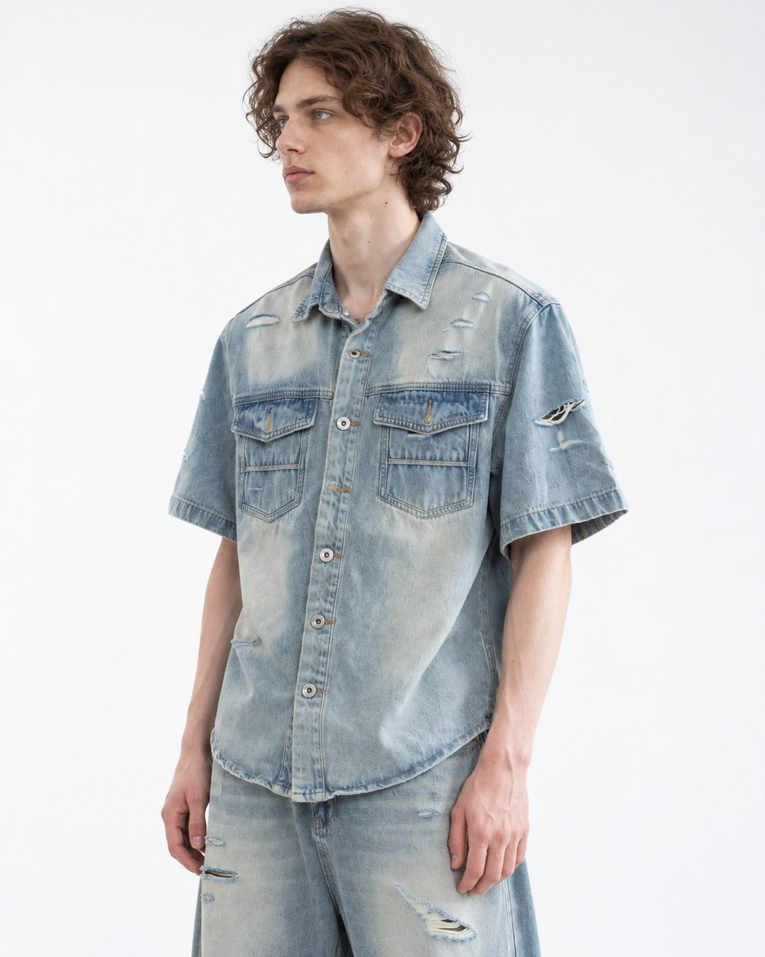 Distressed Washed Denim Shirt and Jeans Set-Up