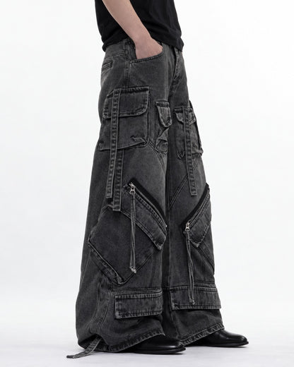 Strap Pocket Washed Wide-Leg Jeans