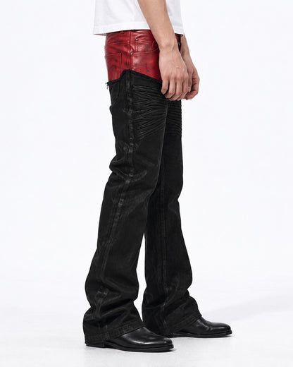 Red Panel Waist Coated Flared Jeans