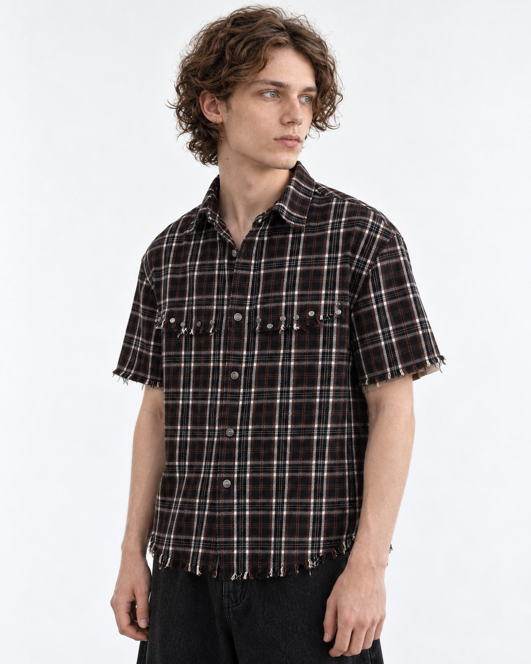 Studded Raw-Hem Plaid Shirt