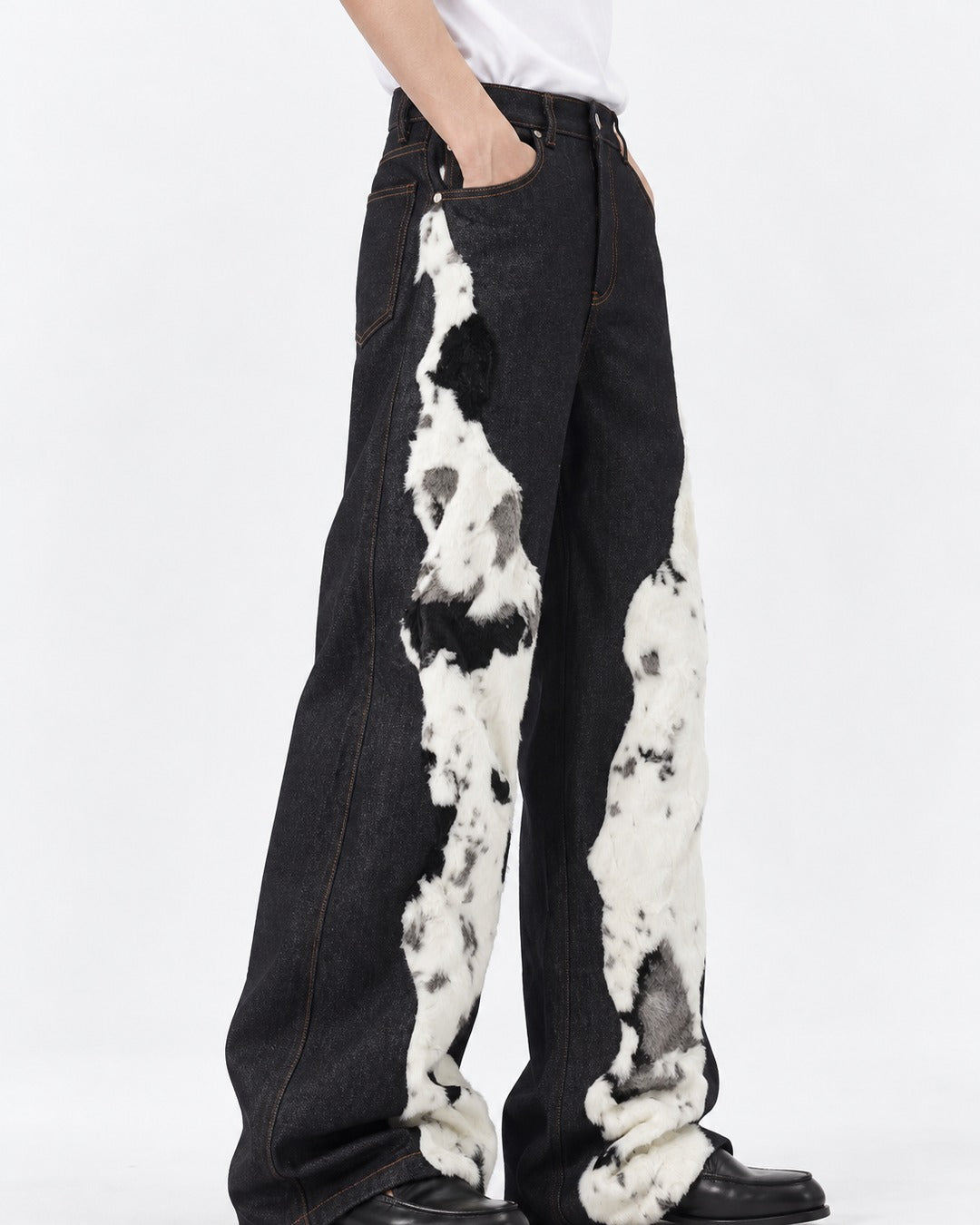Cow Pattern Patchwork Denim Pants
