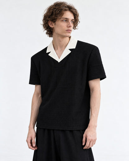 Contrast Lapel Textured V-Neck Tee