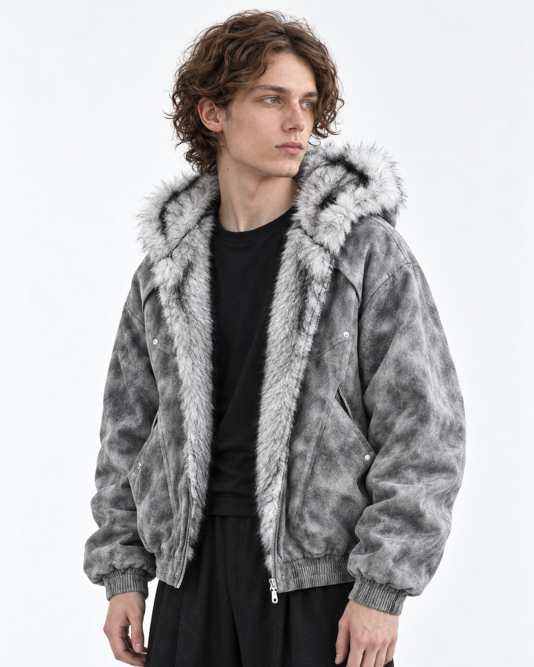 Mottled Grey Faux-Fur Lined Hooded Jacket