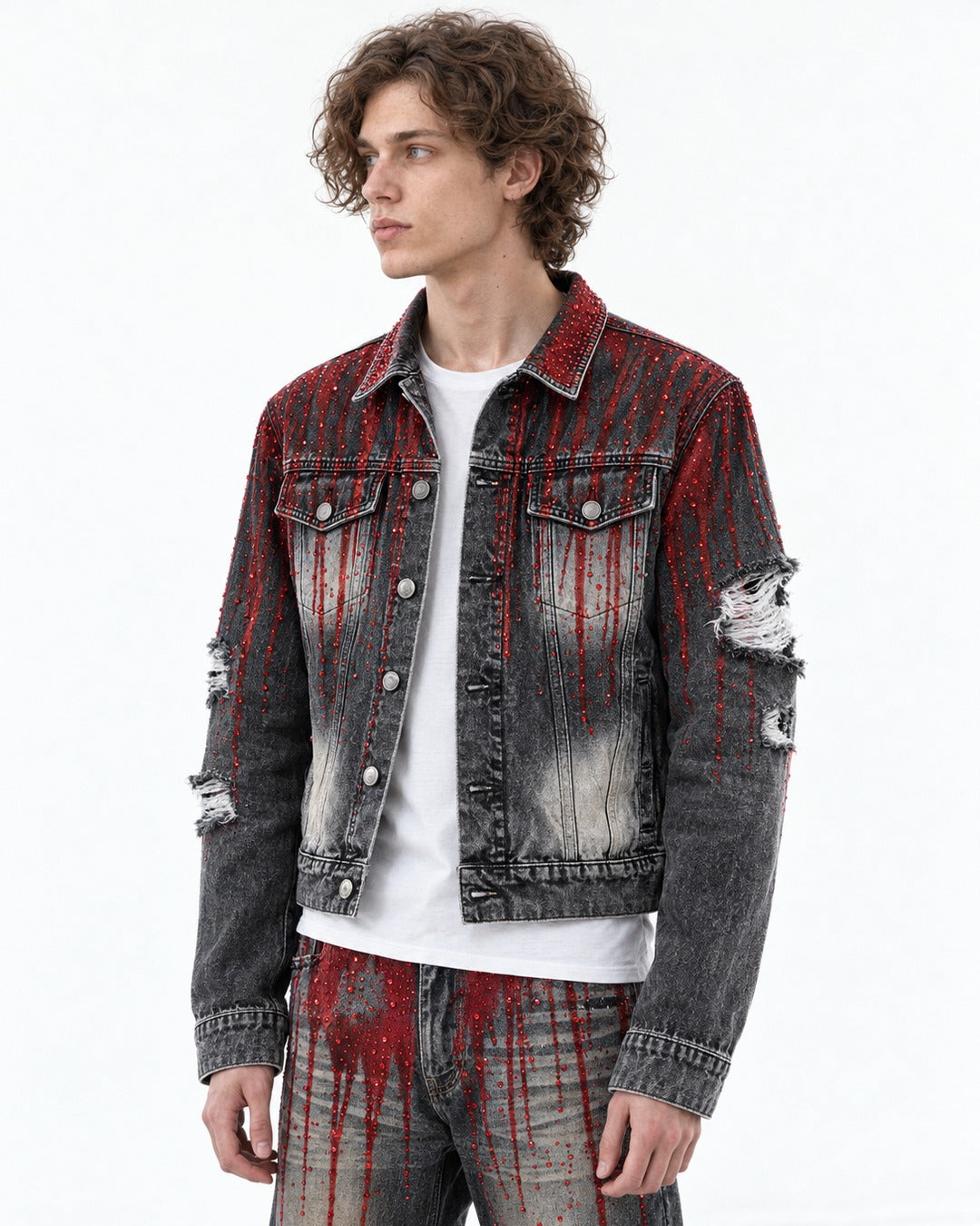 Hand-Painted Blood Rhinestone Denim Jacket and Pants Set-Up