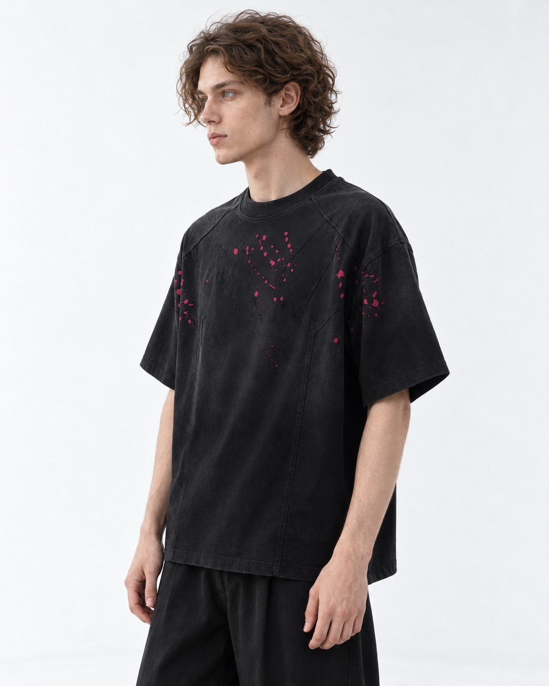 Red Splatter Seamed Black T-Shirt