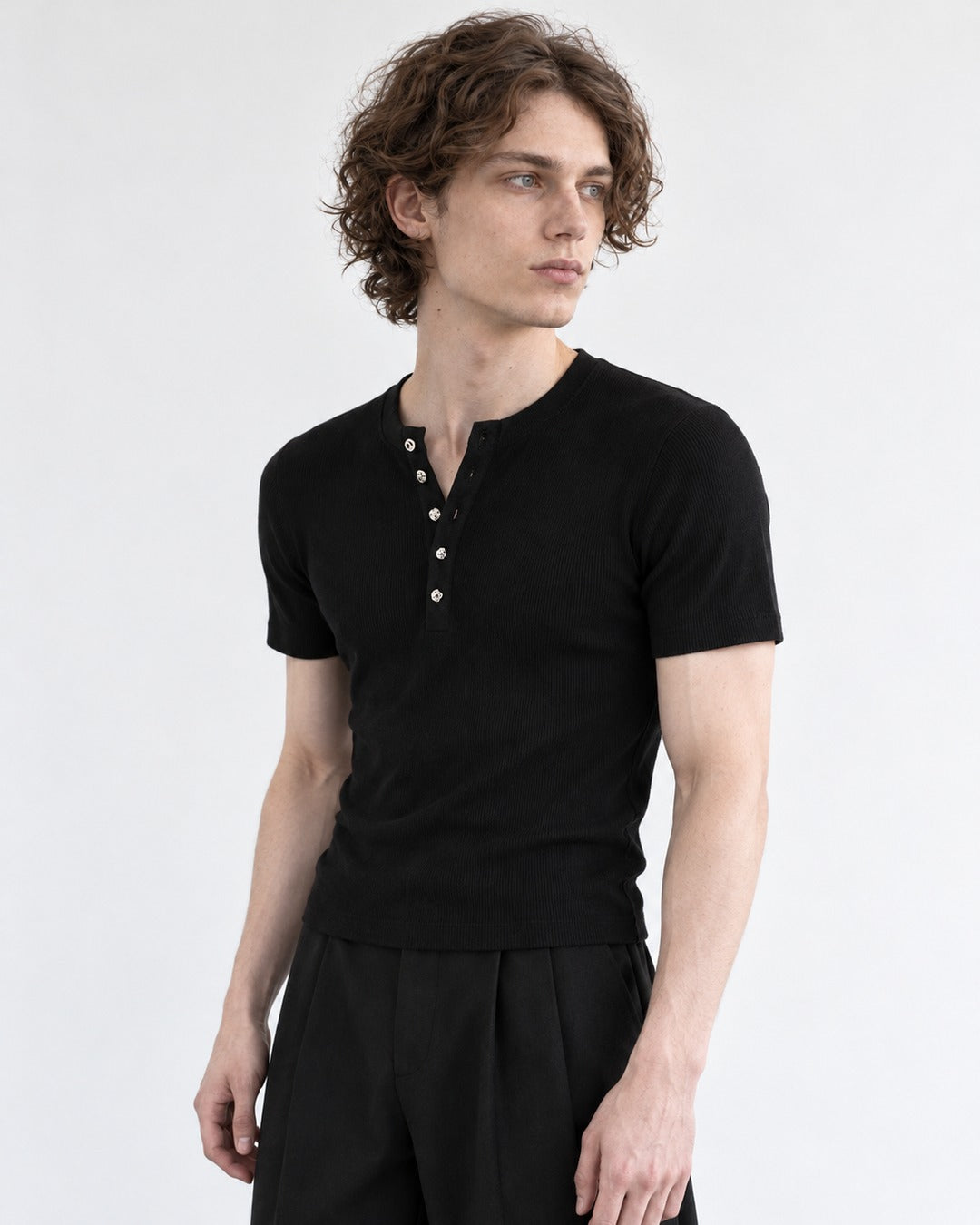 Ribbed Henley Tee with Metal Buttons